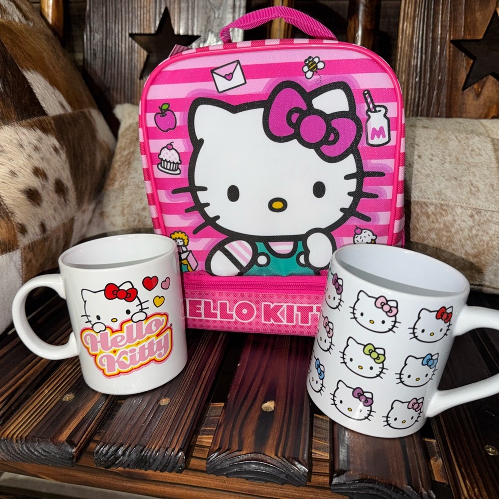 Hello Kitty Pink and White Striped Insulated Bag and mugs